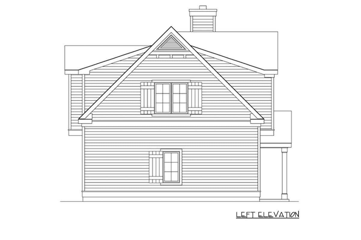Left elevation of a house plan featuring horizontal siding, gabled dormer with decorative vent, and a chimney.