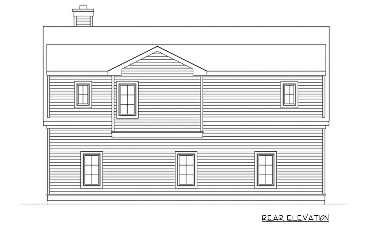 Rear elevation drawing of a two-story house plan with horizontal siding, a gable dormer, and a chimney.