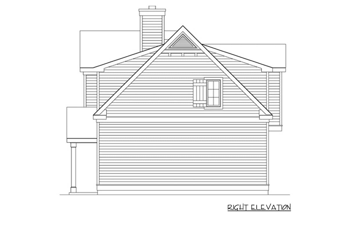 Right elevation drawing of a house plan with a prominent gable, chimney, and covered porch.