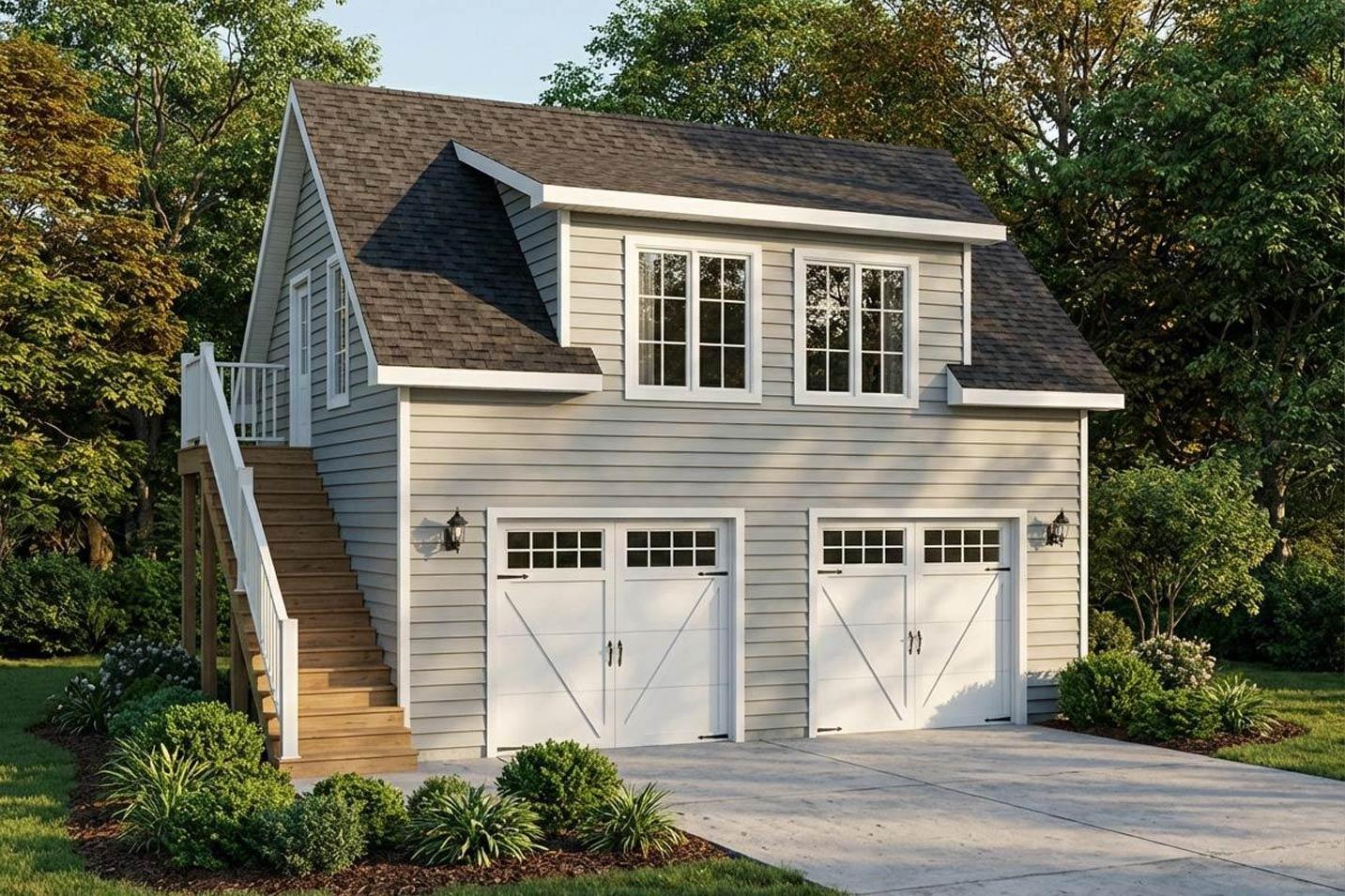 Two-story garage plan with two double garage doors, upper-level windows, and exterior stairs to an upper entrance.