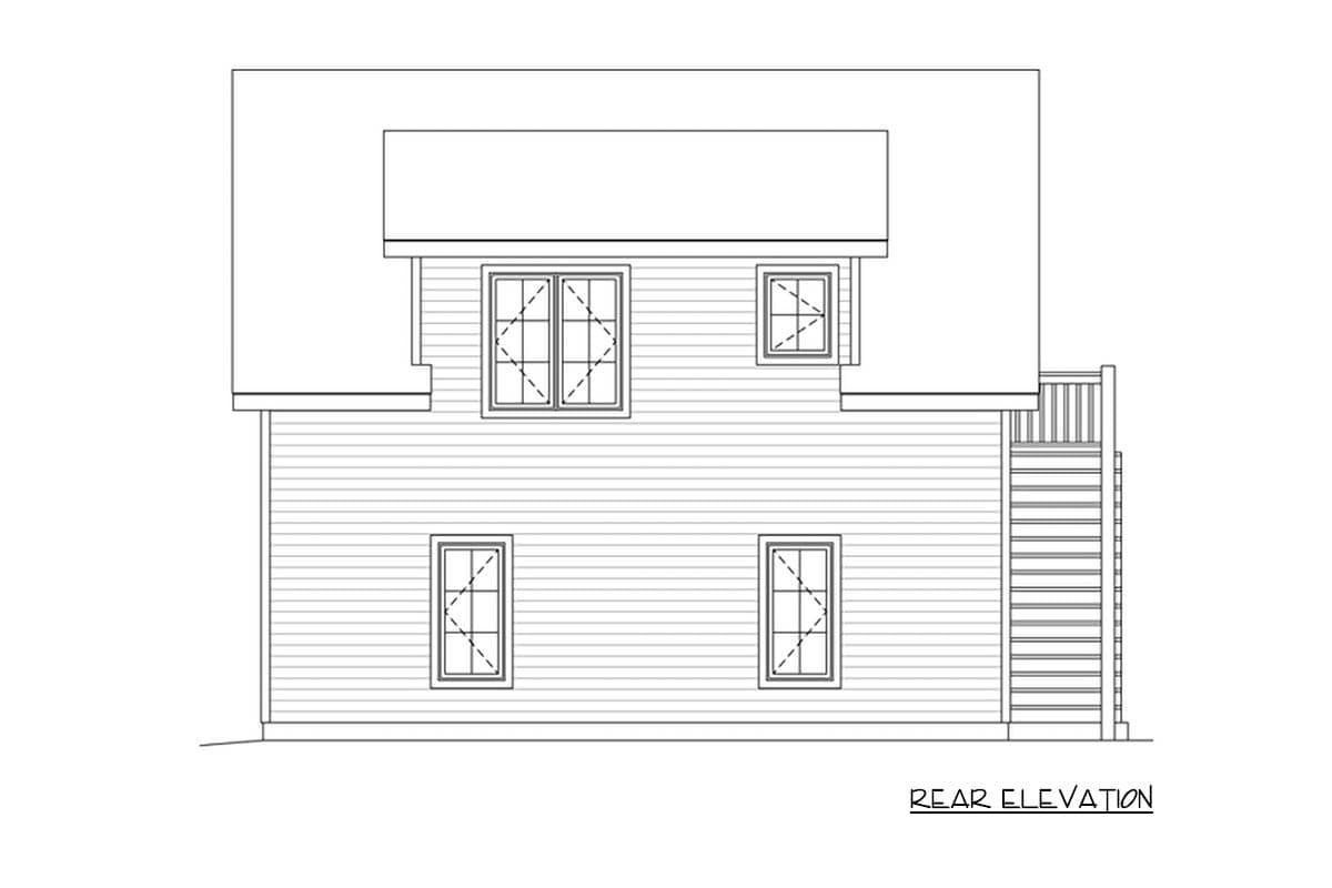 Rear elevation drawing showing two stories, horizontal siding, and exterior stairs with railings. Windows have diamond-shaped grids.