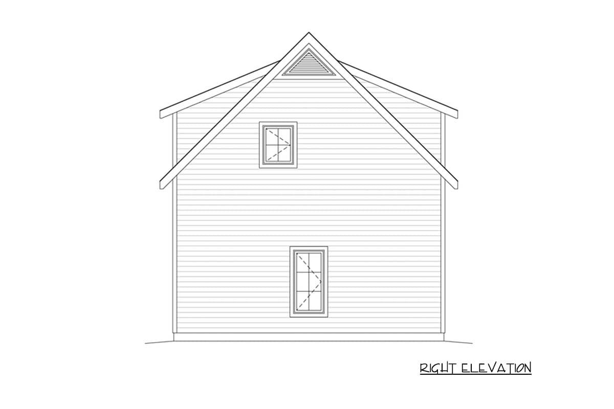 Right elevation drawing of a house plan, showing a gable roof, two windows, and a triangular vent.