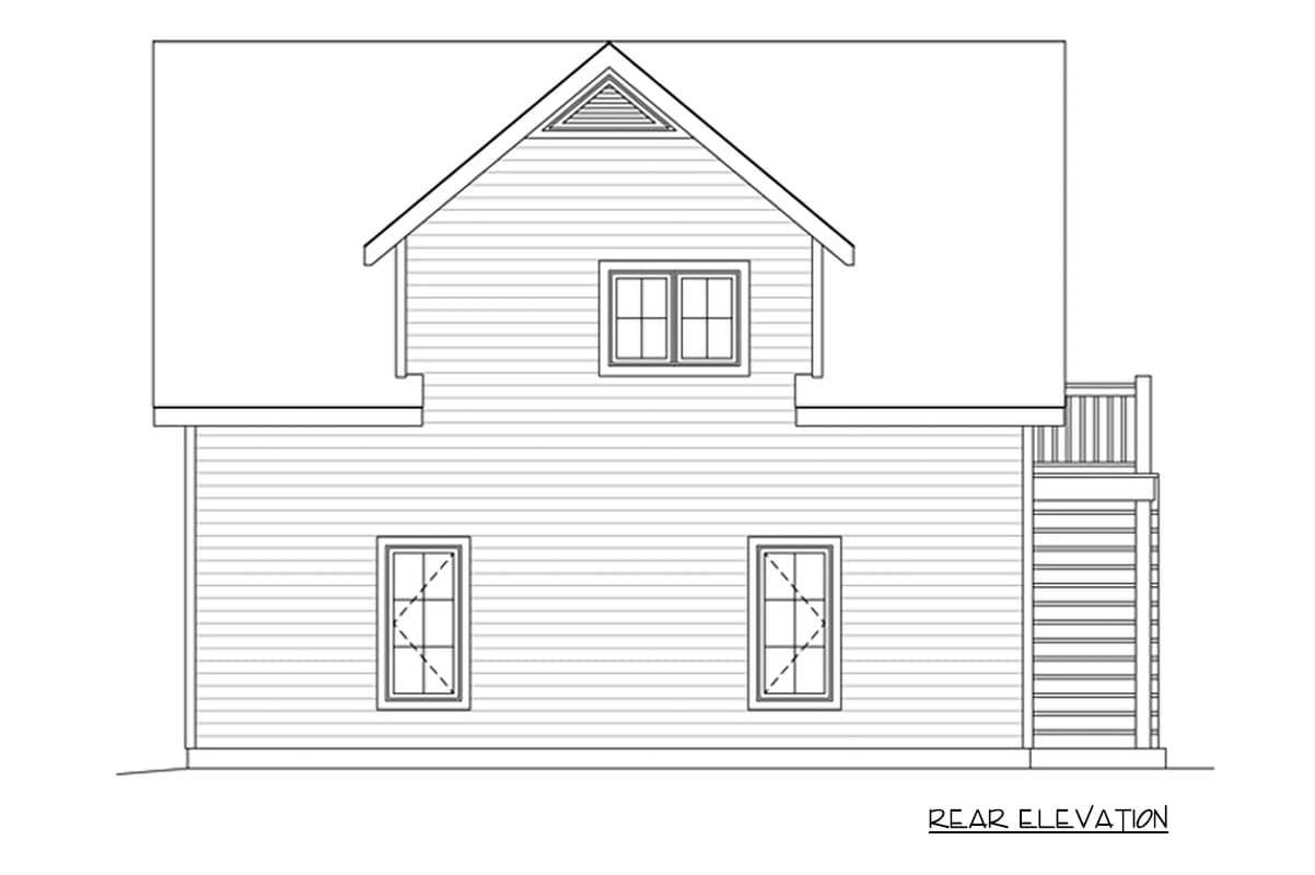 Rear elevation drawing of a two-story house plan, featuring a gable with vent, two windows on the main level, and a second-level window.