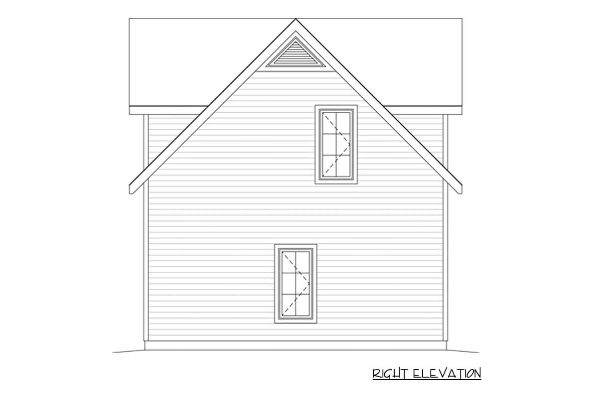 Right elevation drawing for a house plan, showing siding, a gabled roof with a vent, and two windows.