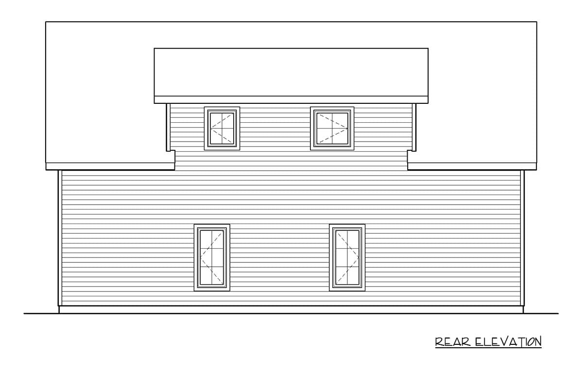 Rear elevation drawing of a house plan with horizontal siding and four windows, two on each level.