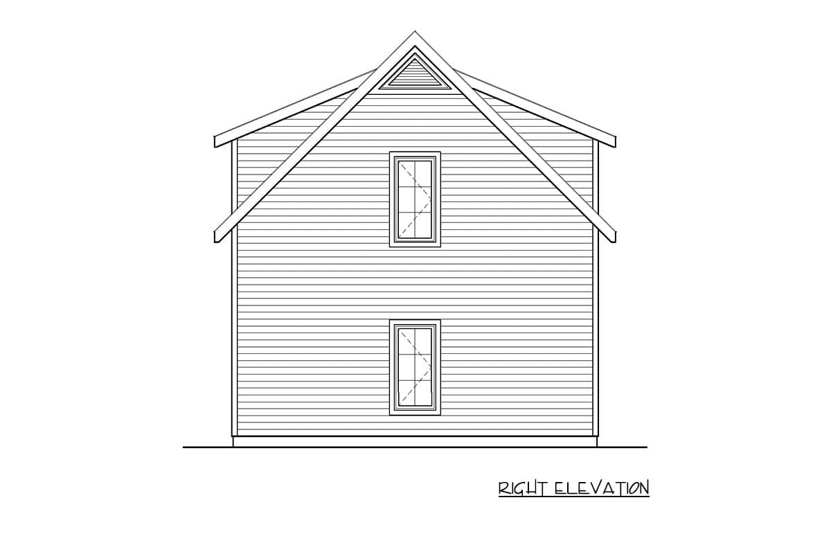Right elevation house plan with clapboard siding, gable roof, two windows, and a prominent gable vent.