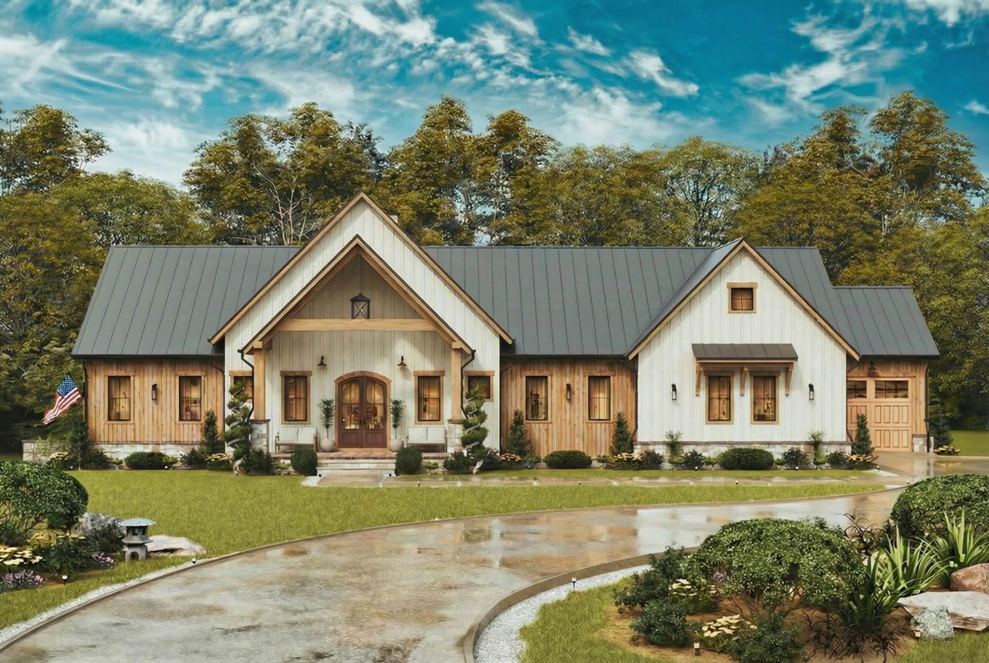 House plan exterior: Modern Farmhouse style, 1-story, features board-and-batten siding, wood accents, gabled roof, and attached garage.