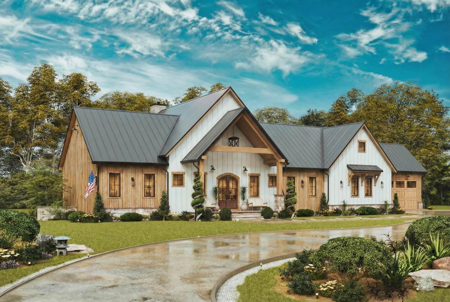 Modern Farmhouse house plan exterior with wood siding, white vertical boards, gable rooflines, covered entry, and attached garage.