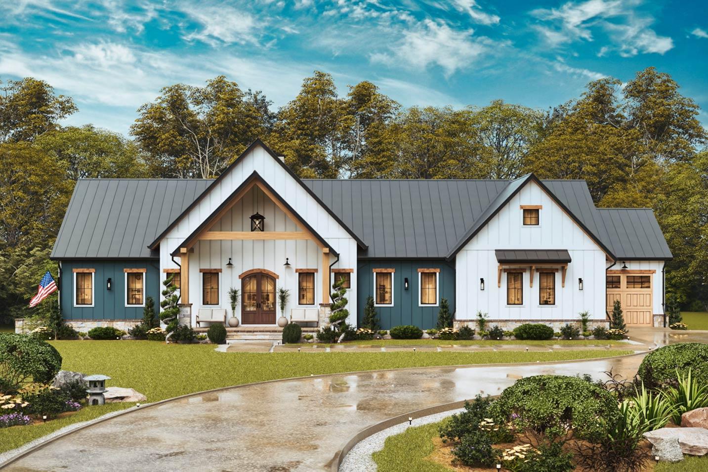House plan exterior: Modern Farmhouse style, one story, with dark metal roof, gables, dormers, and attached garage.
