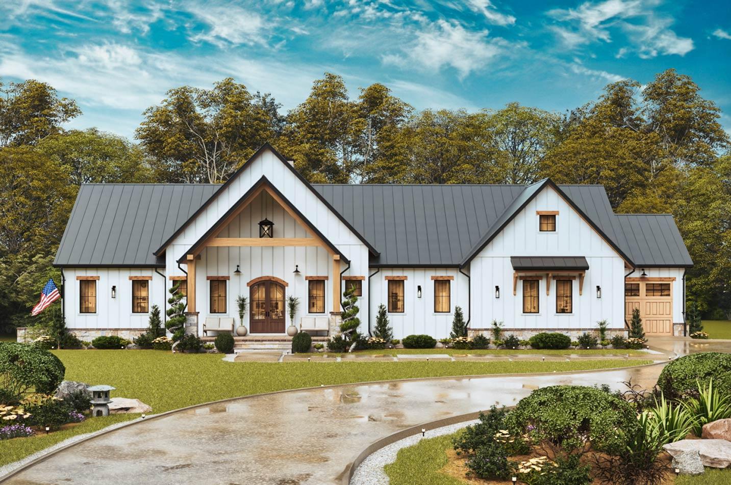 Modern Farmhouse house plan exterior with a gabled entrance, metal roof, board and batten siding, and a side-facing garage.