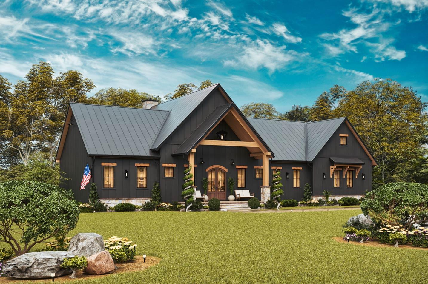 Modern Farmhouse house plan exterior with dark siding, standing seam metal roof, exposed timber framing on covered entry, and gabled dormers.