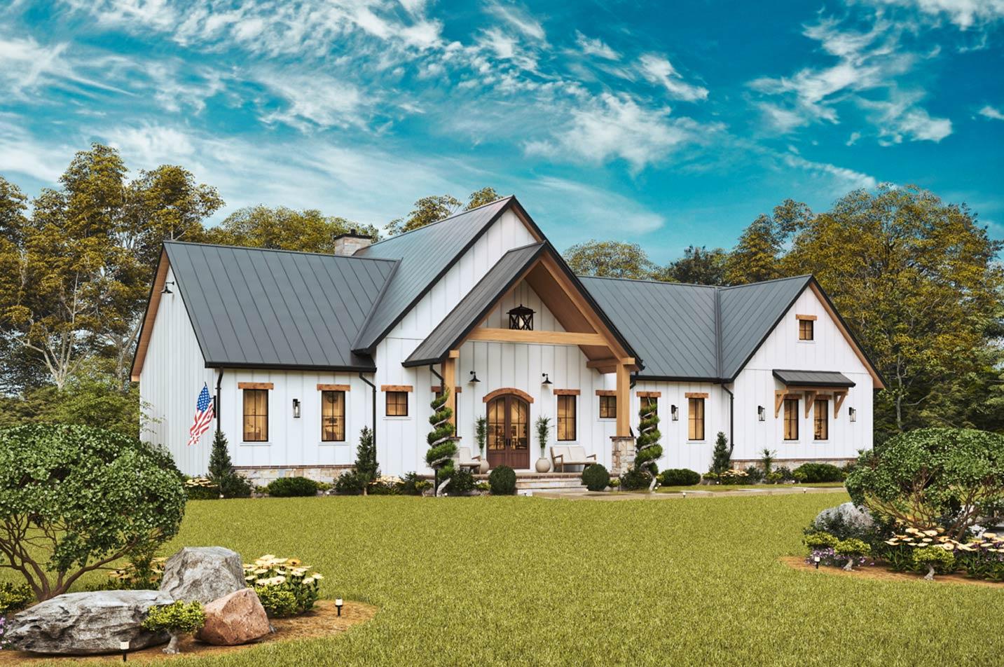 Modern Farmhouse house plan exterior with white board and batten siding, gable rooflines, and exposed wood beams over the entryway.