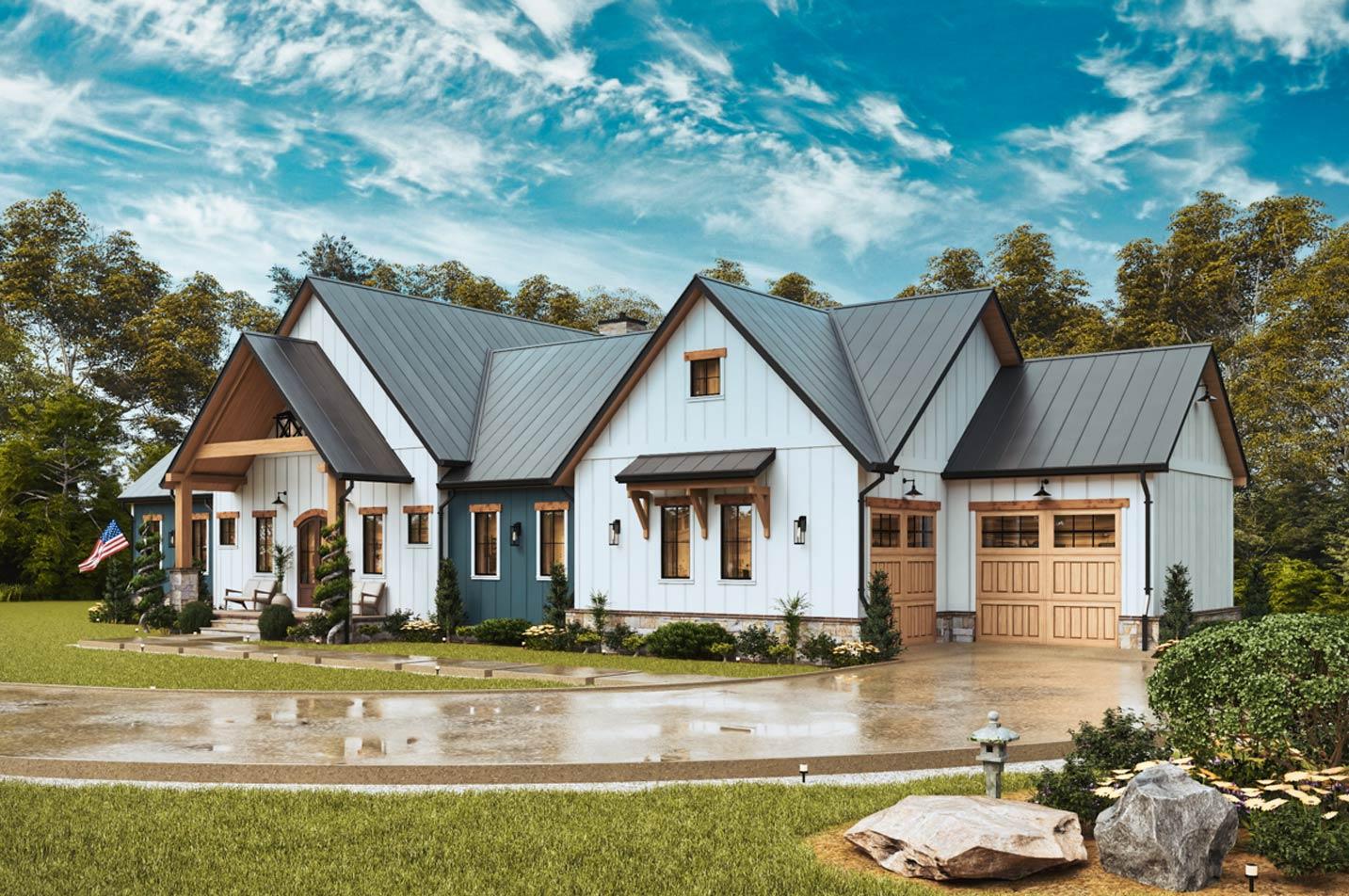 Modern Farmhouse style house plan exterior with a covered porch, gabled dormers, standing seam metal roof, and a two-car garage.