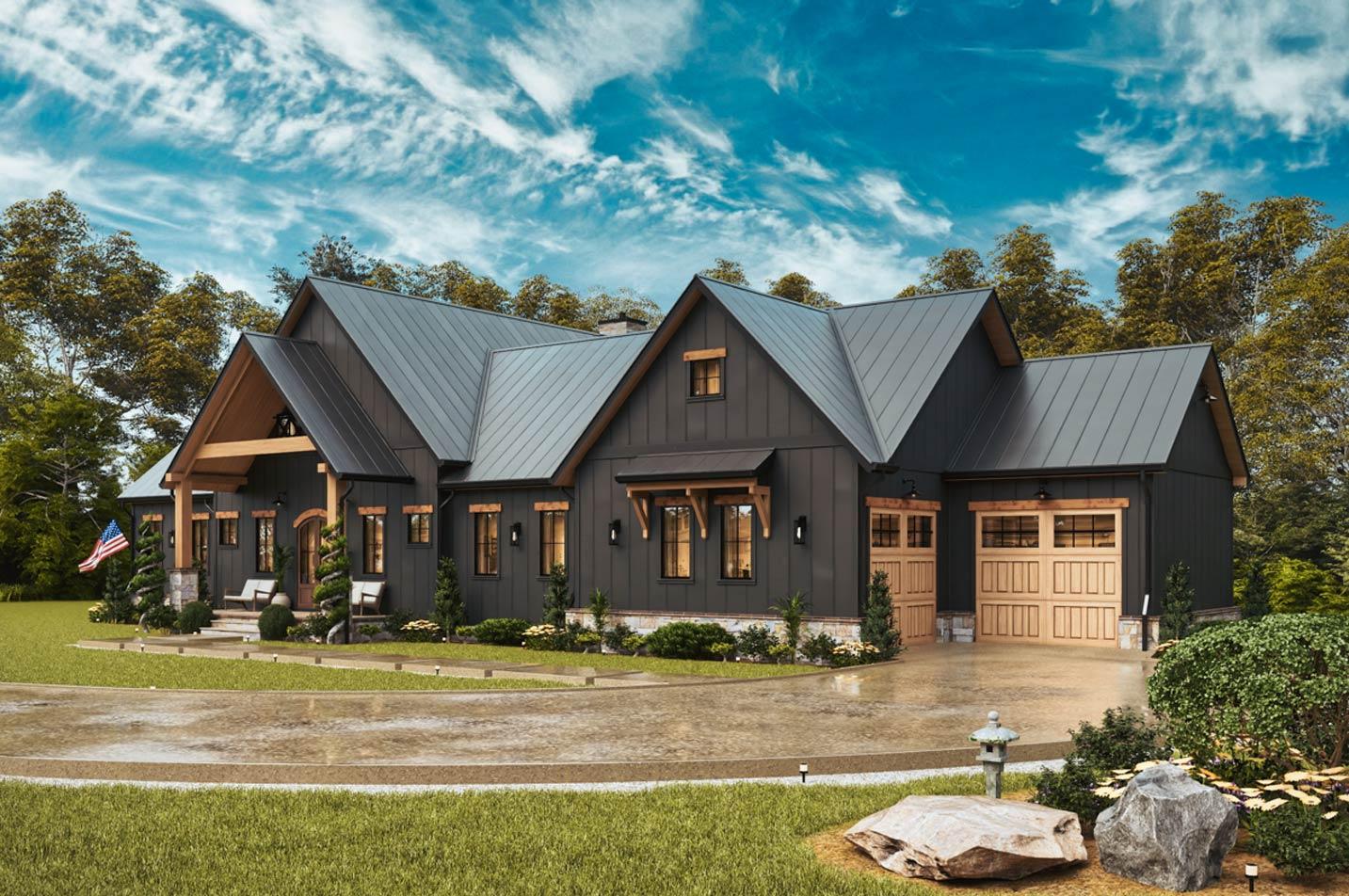 Modern Farmhouse house plan exterior with dark siding, metal roof, gabled dormers, covered porch, and a three-car garage.