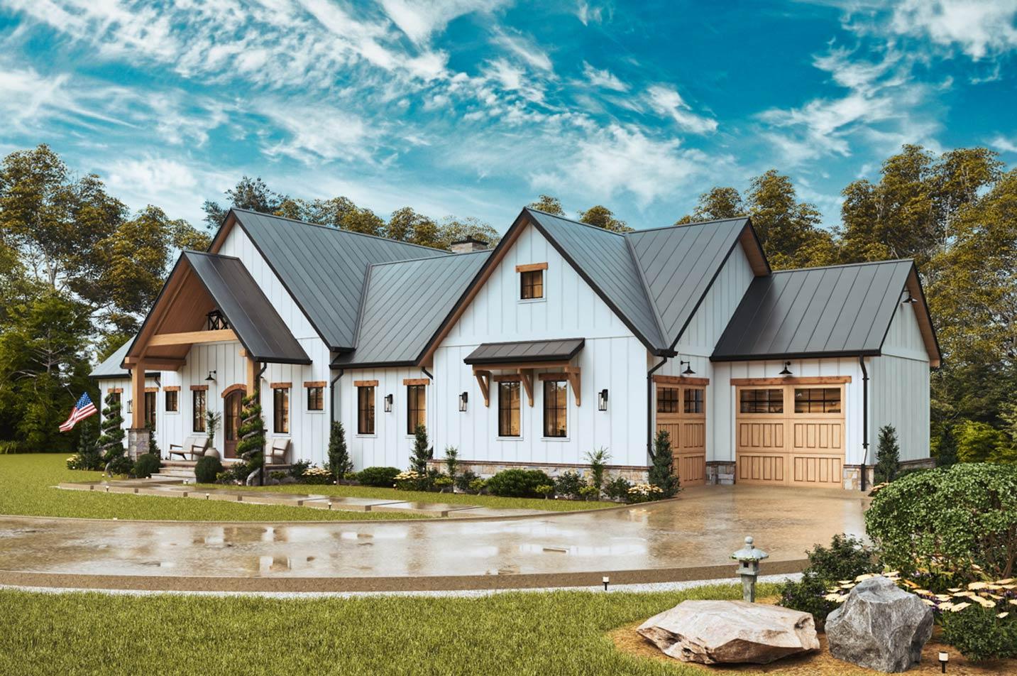 House plan exterior: Modern Farmhouse style, white board-and-batten siding, metal gabled roof, exposed beams, and a two-car garage.