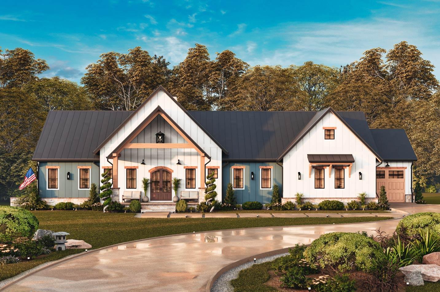 Modern Farmhouse house plan exterior with gables, wood accents, large rooflines, and a detached garage.