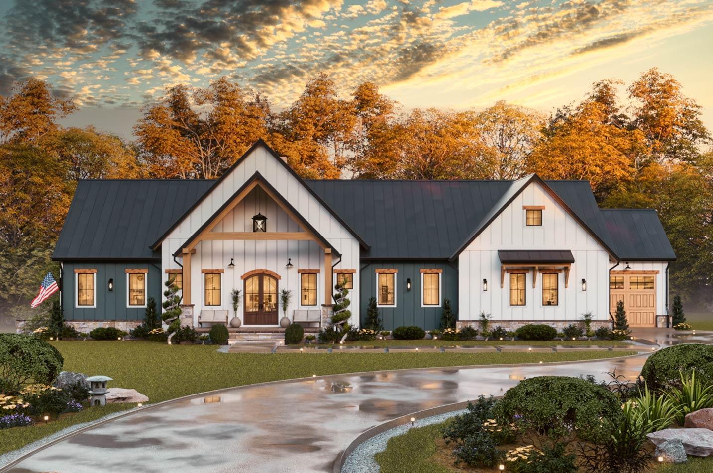 Modern Farmhouse house plan exterior with gables, metal roof, and two-car garage.