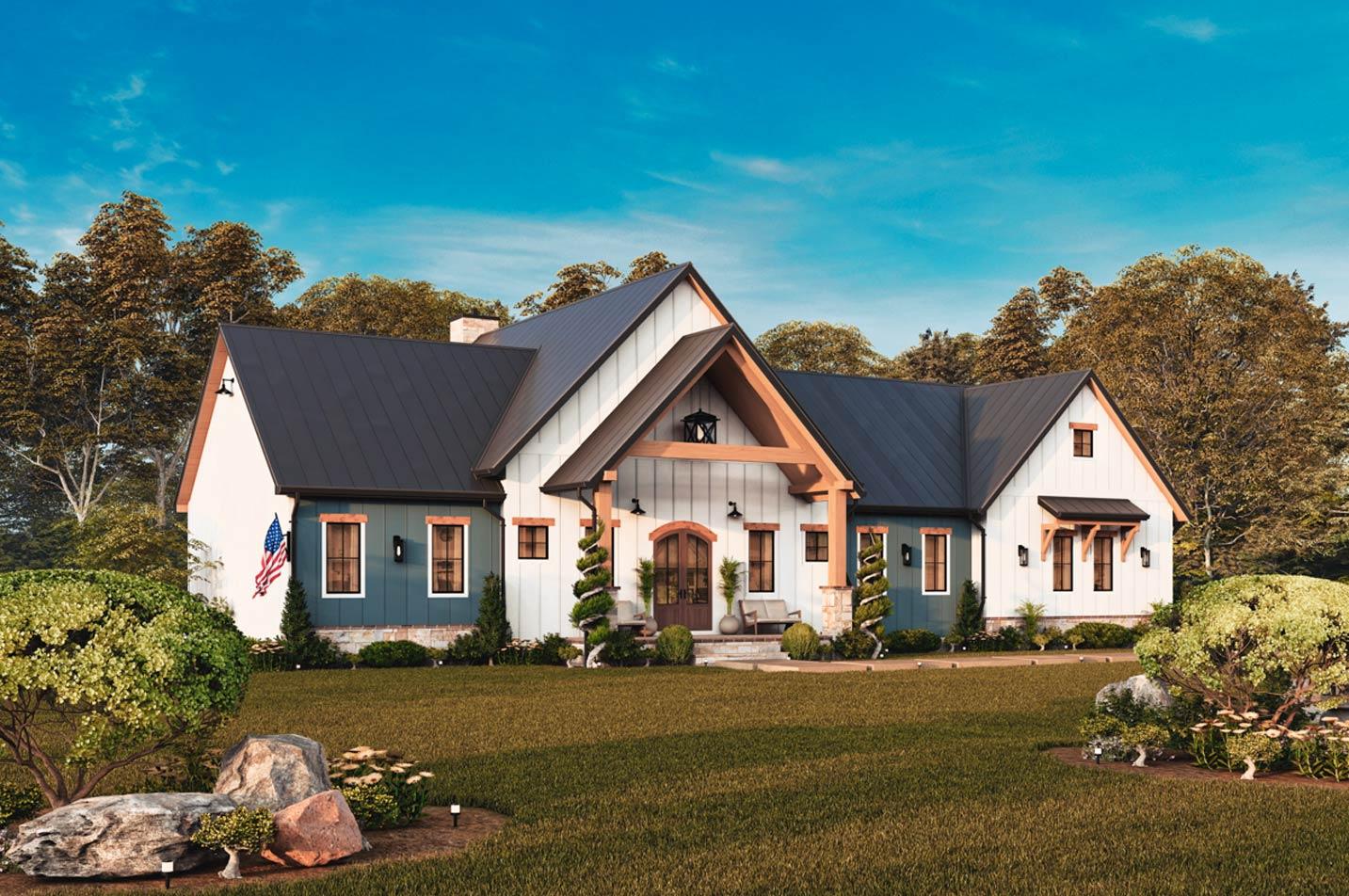 House plan exterior: Modern Farmhouse style, one story, with a prominent gable, exposed wood beams, and a covered front porch.
