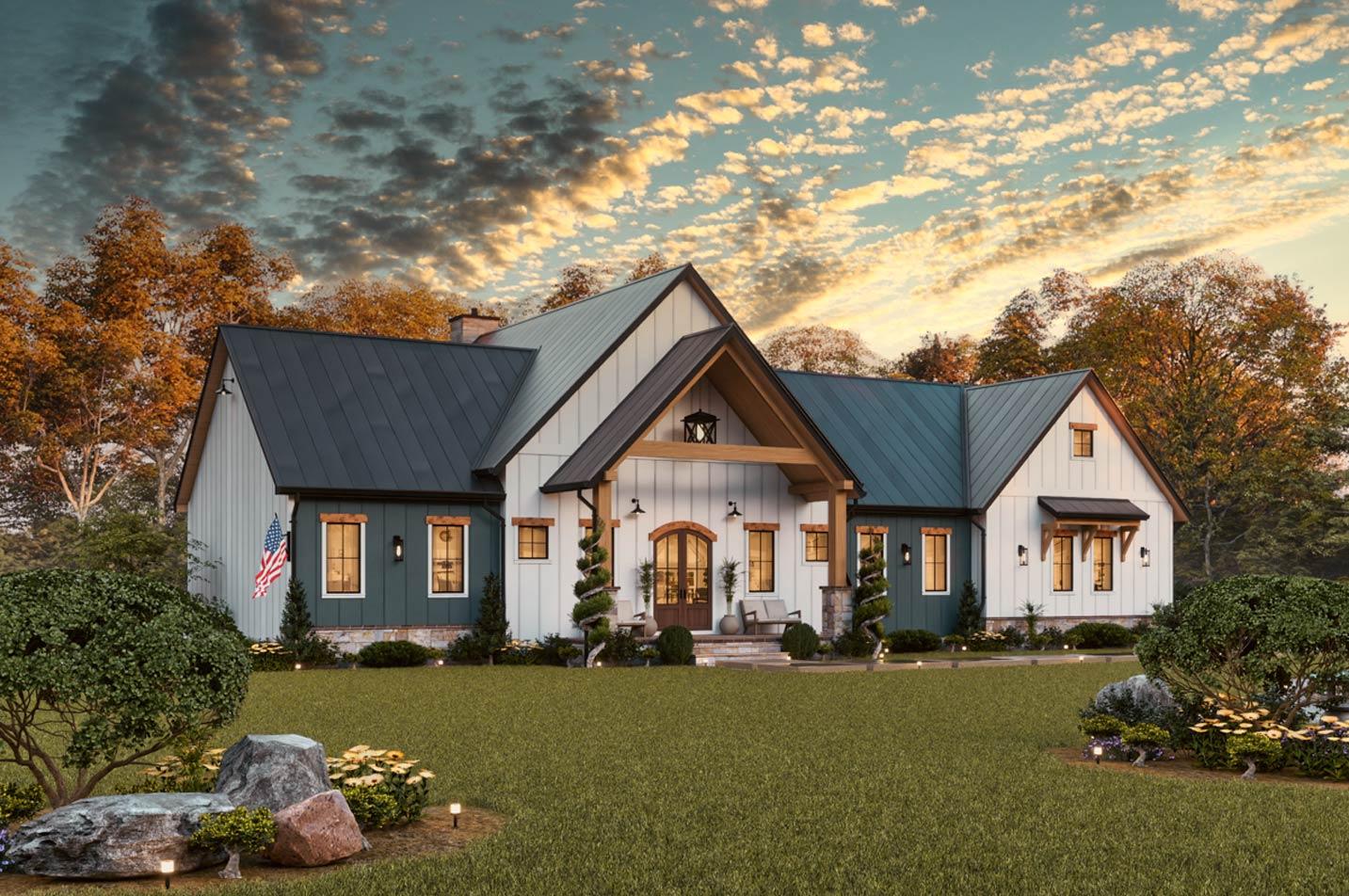Modern Farmhouse house plan exterior, one story, with a prominent gable, covered porch, and metal roof.