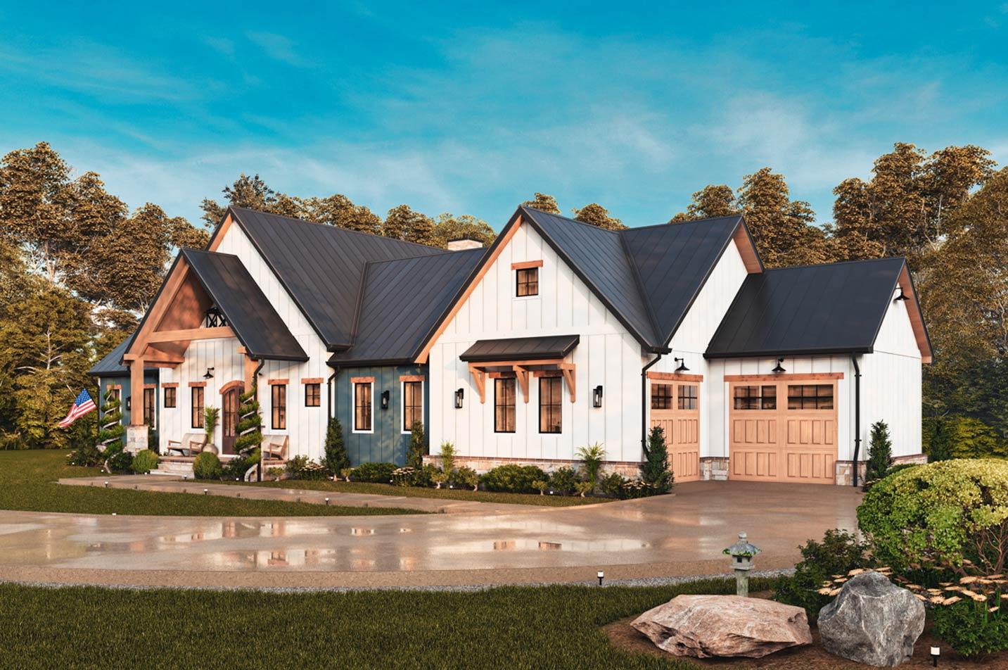 Modern farmhouse house plan exterior with multiple gables, white board-and-batten siding, and a side-entry garage.