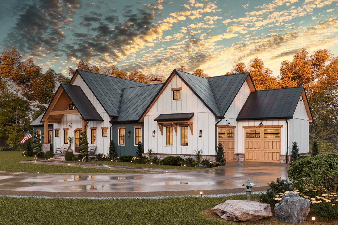 Modern Farmhouse house plan exterior with gables, a covered porch, and a two-car garage.