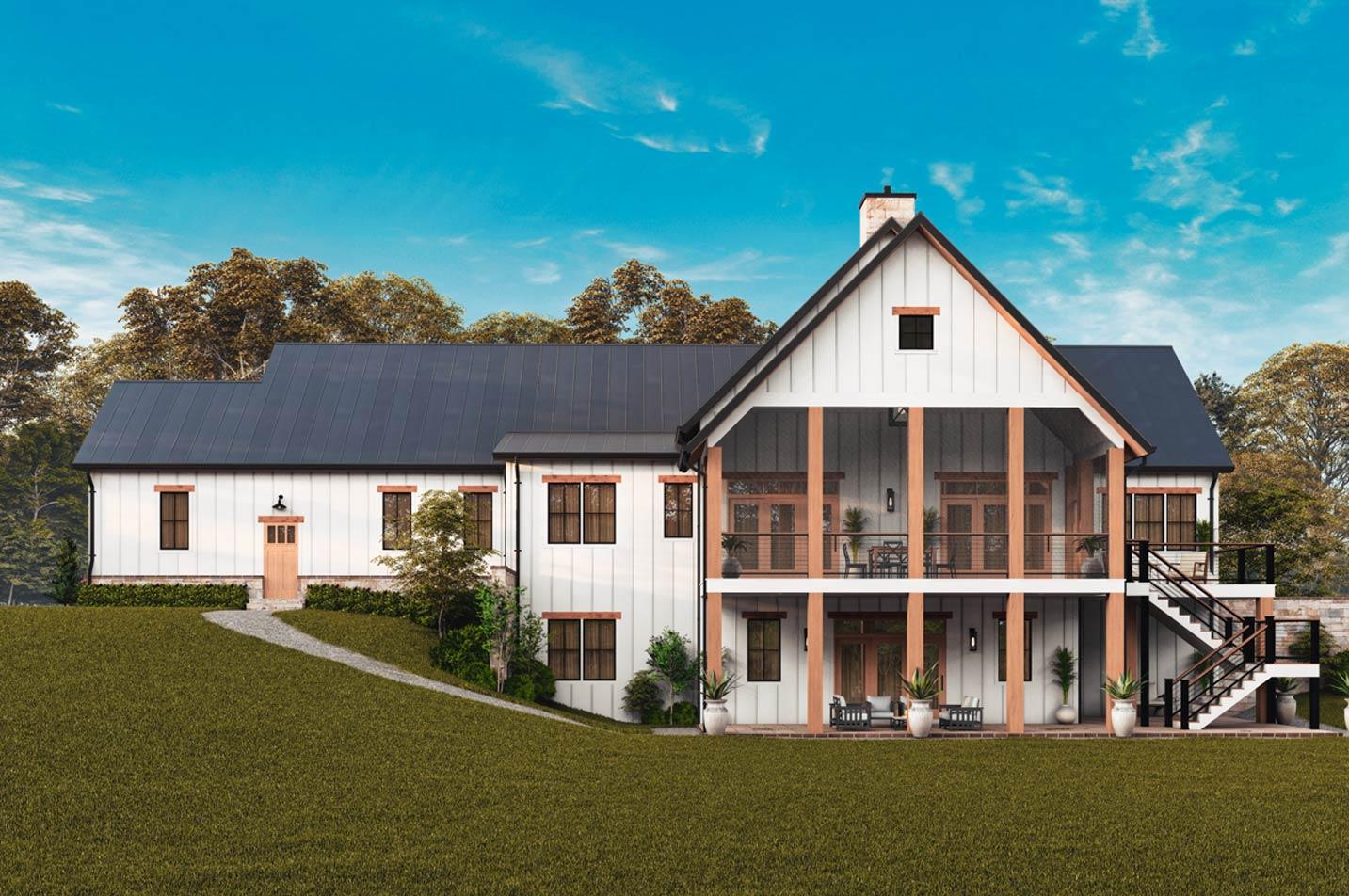 Modern Farmhouse house plan exterior, two stories, with a prominent covered porch and metal roof.