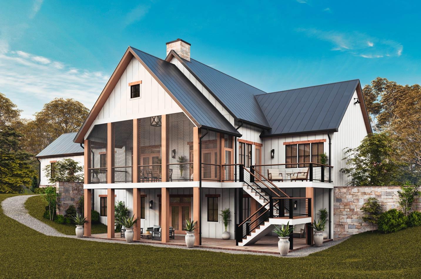 Modern Farmhouse house plan exterior with a metal roof, gables, and a prominent screened porch with wood posts.