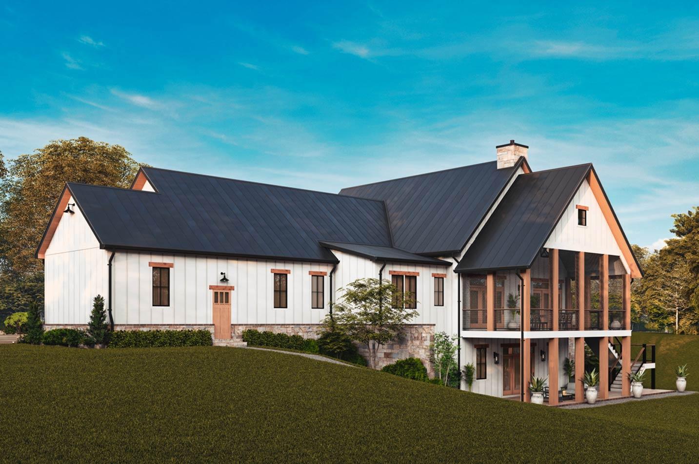 Modern farmhouse house plan exterior with white board and batten siding, dark metal roof, stone base, and screened porch.