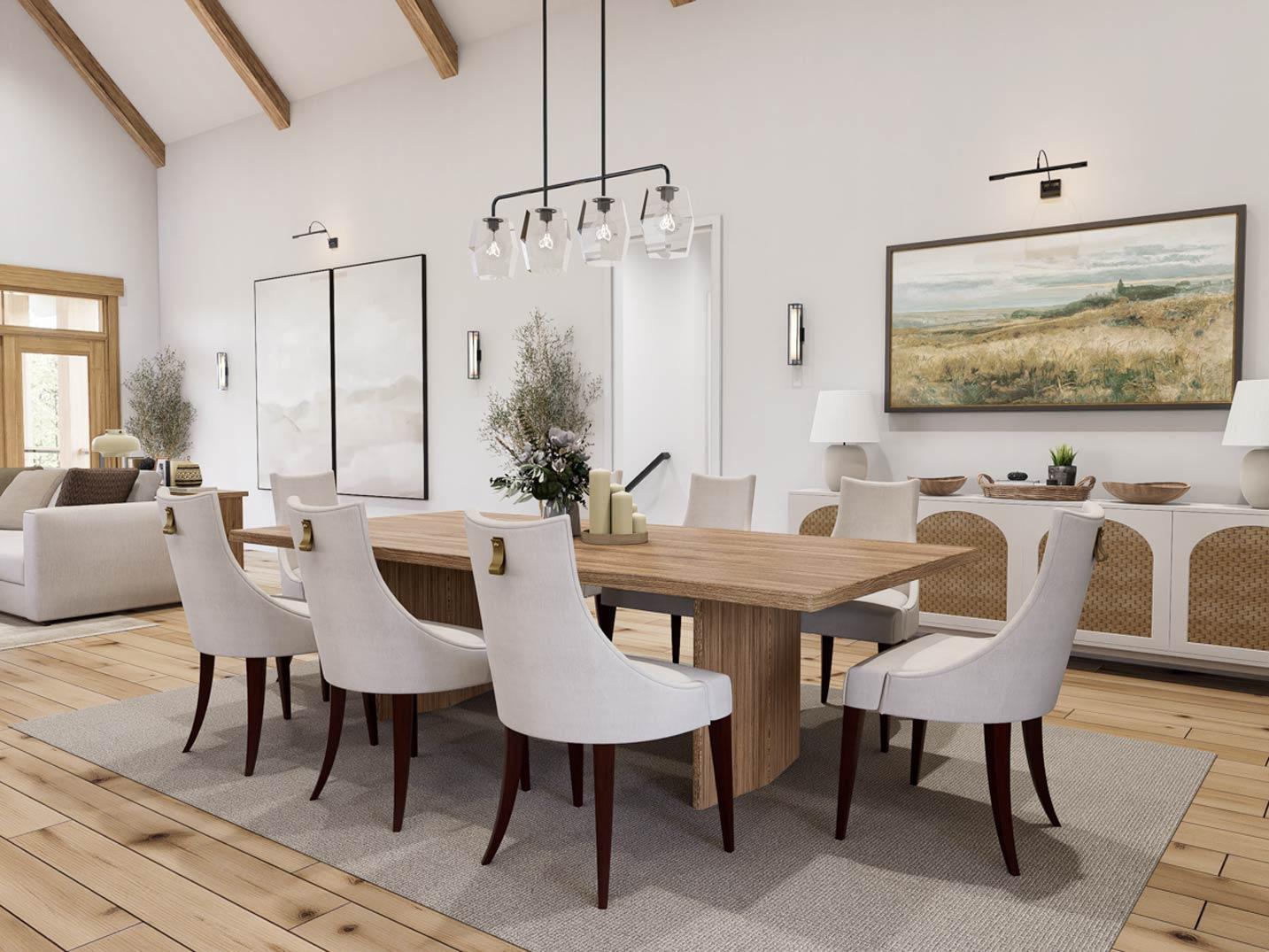 Dining room with vaulted wood beam ceiling, wood table, upholstered chairs, and buffet with rattan doors.
