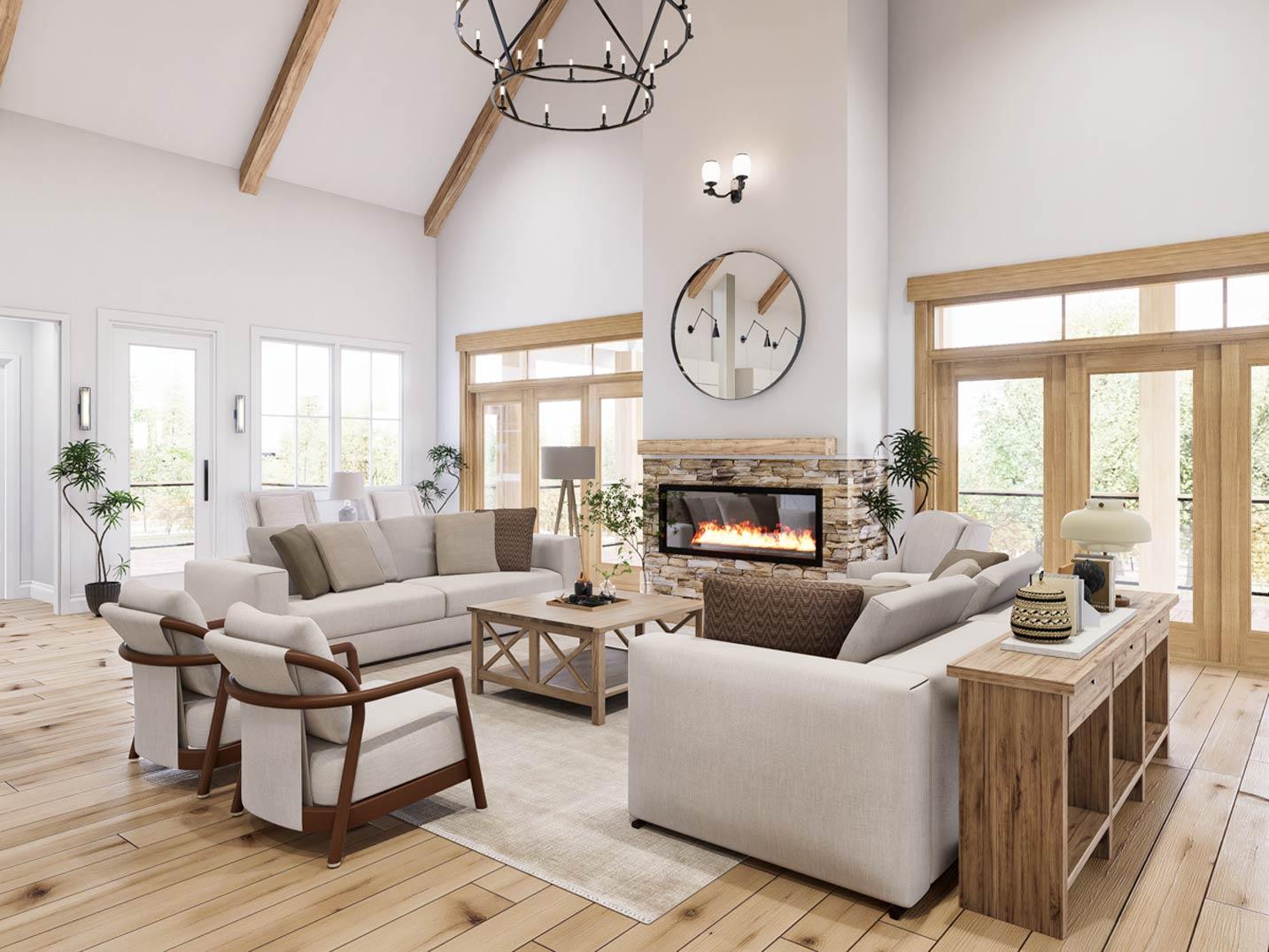 Great room with vaulted ceiling, exposed beams, stone fireplace, and large windows.