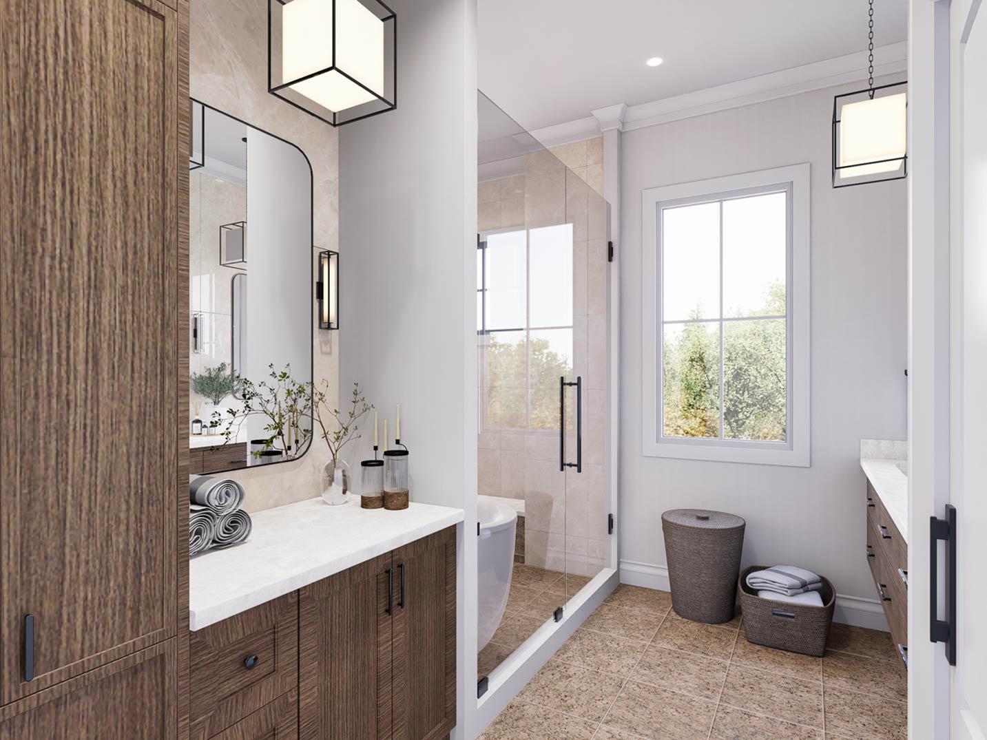 Bathroom rendering with wood vanity, freestanding tub, glass shower enclosure, and double-hung window.