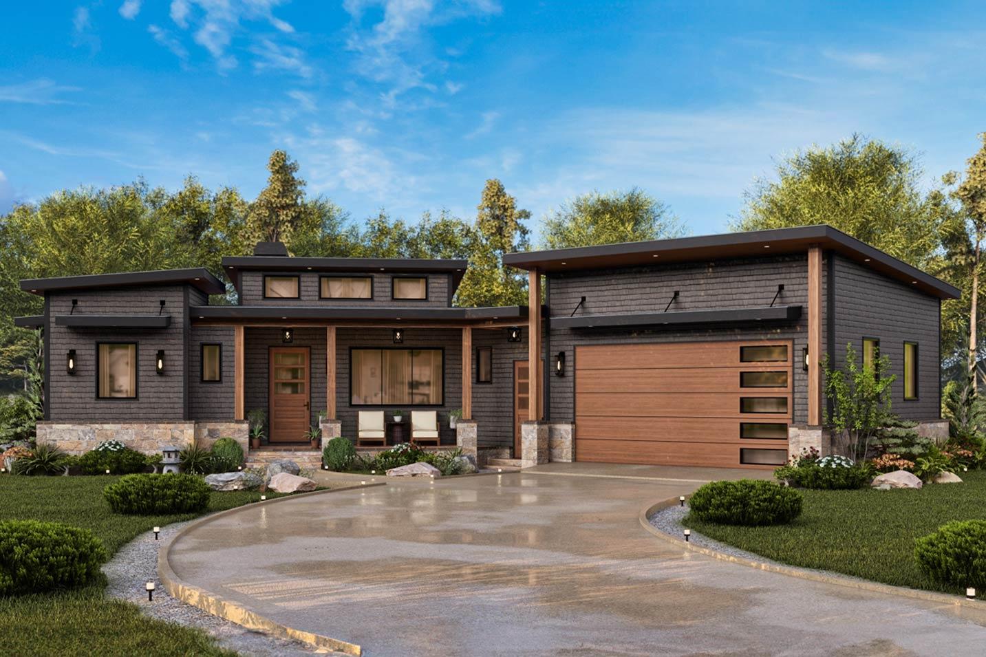 Modern house plan exterior with a covered porch, asymmetrical rooflines, horizontal siding, and a two-car garage with wood-slat door.