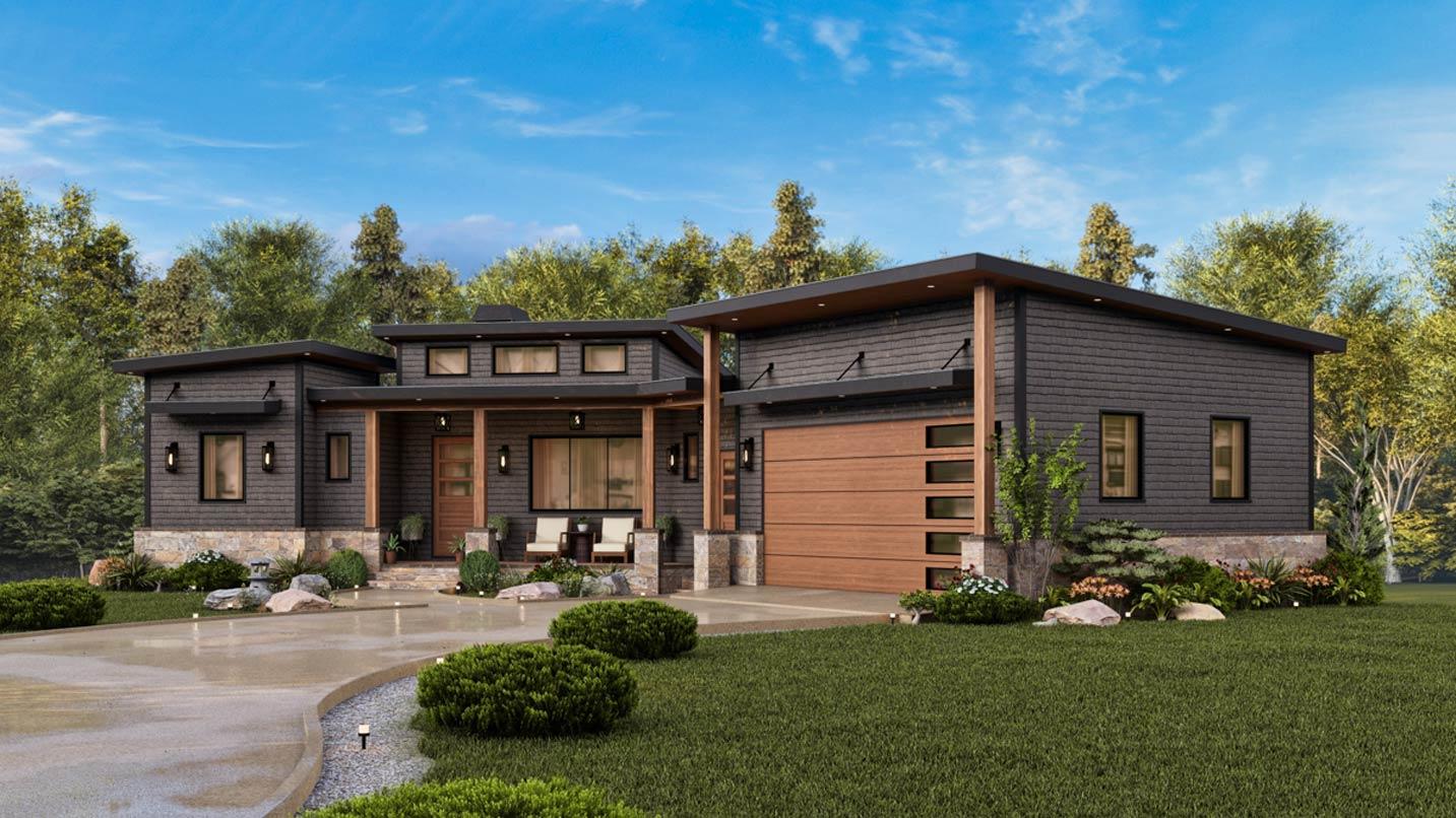 Modern house plan exterior with dark siding, stone accents, covered entry, and wood garage door. One story.