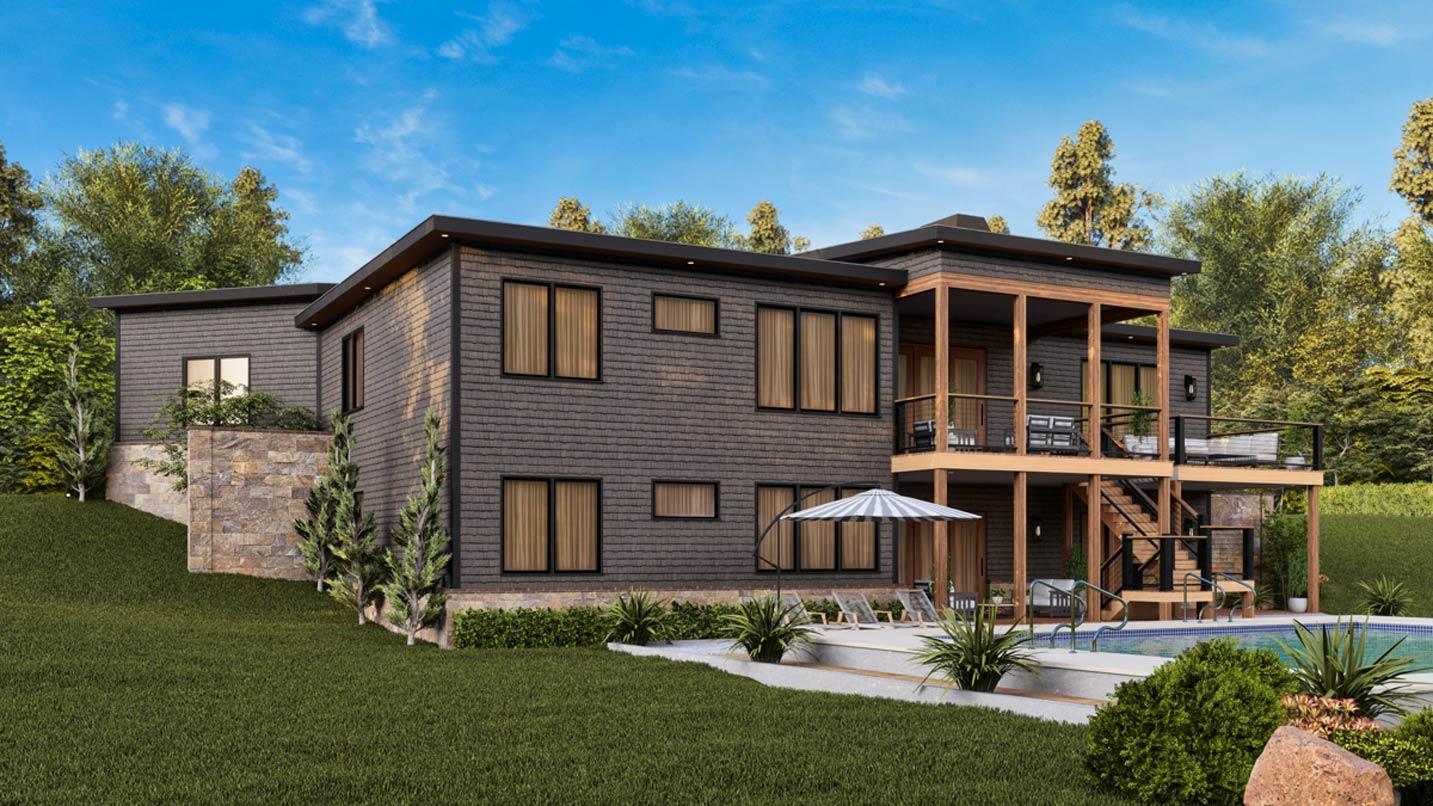 Modern house plan exterior with stacked stone base, multiple levels, balconies, and a pool.