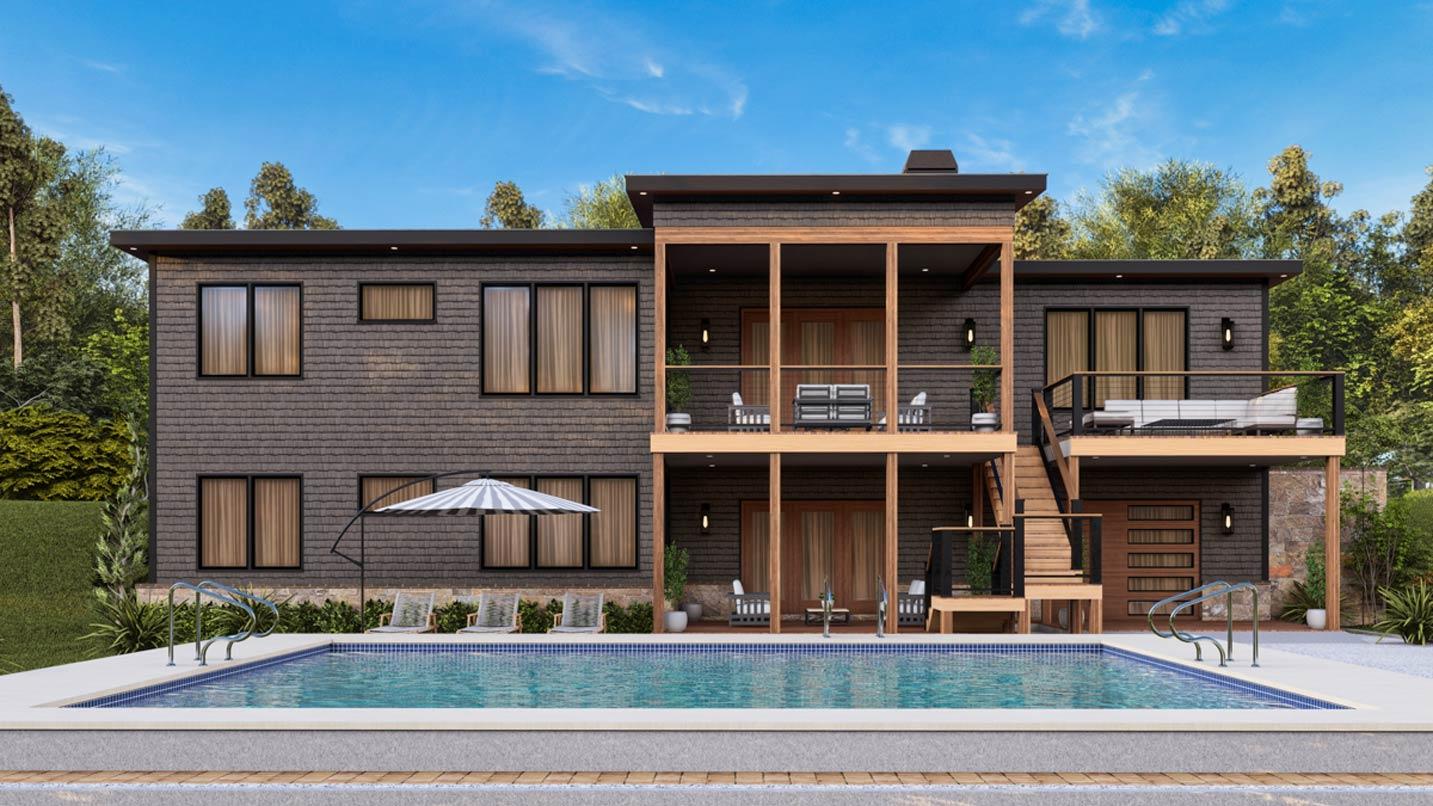 Modern house plan exterior with two stories, layered balconies, exposed wood beams, and a swimming pool.