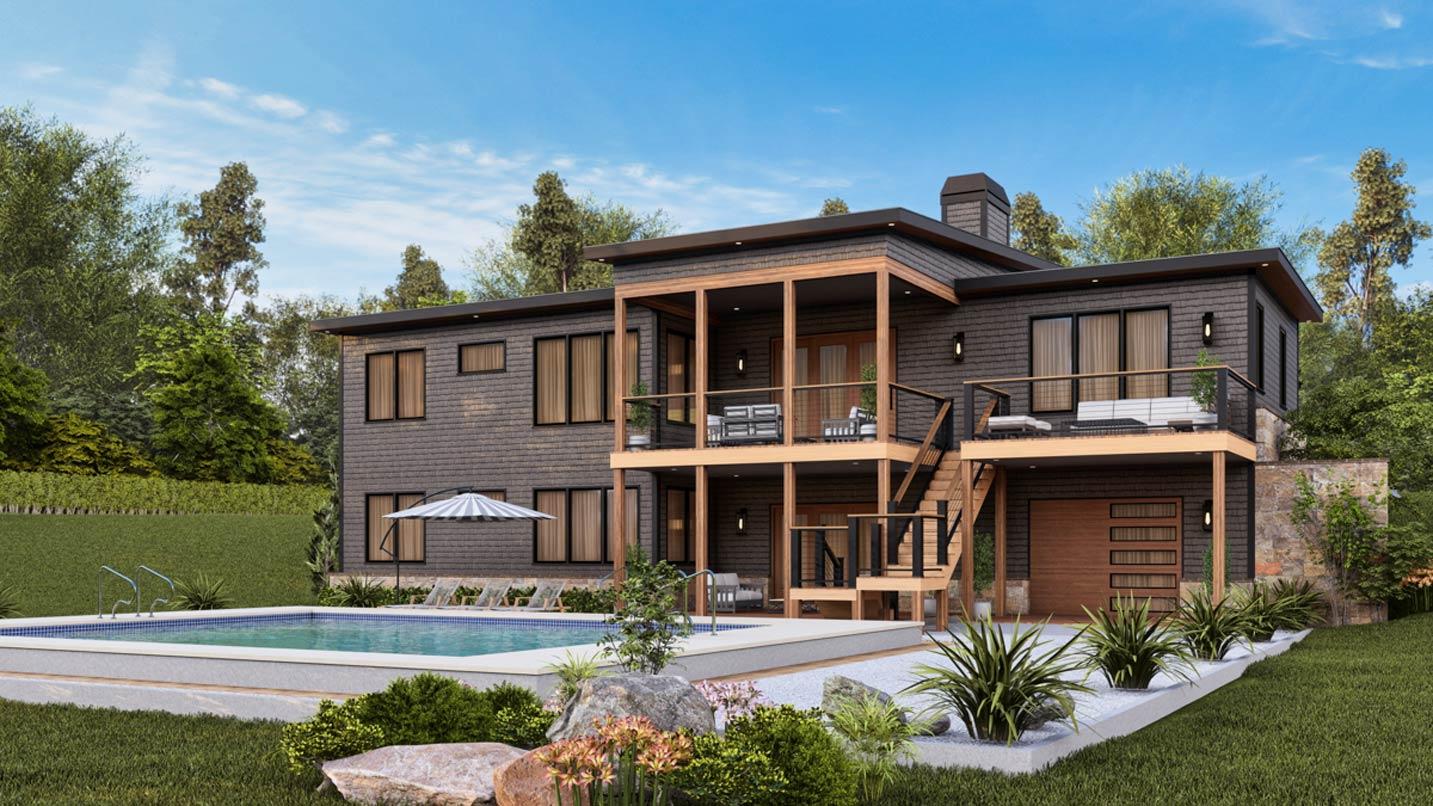 Modern house plan exterior with two stories, multiple decks, wood siding, a garage, and a pool.