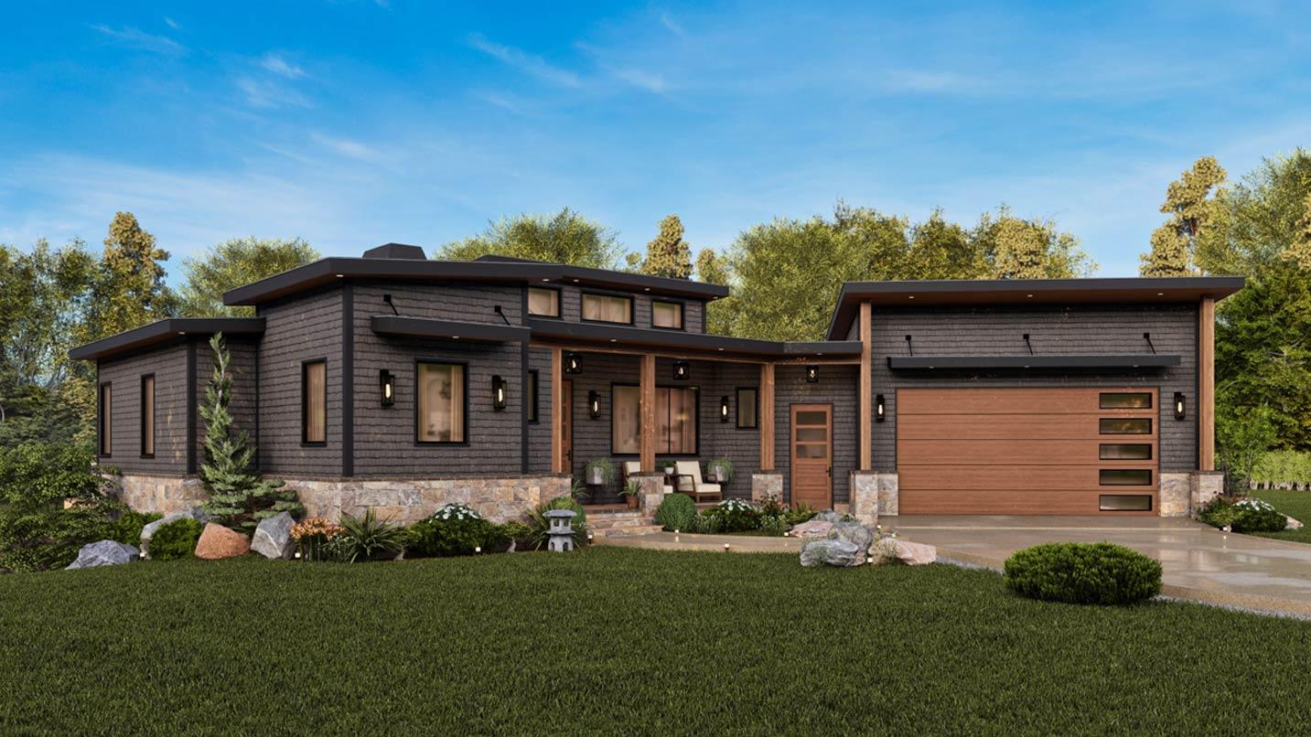 Modern house plan exterior with a flat roof, dark shingle siding, stone accents, covered entry porch, and a three-car garage.