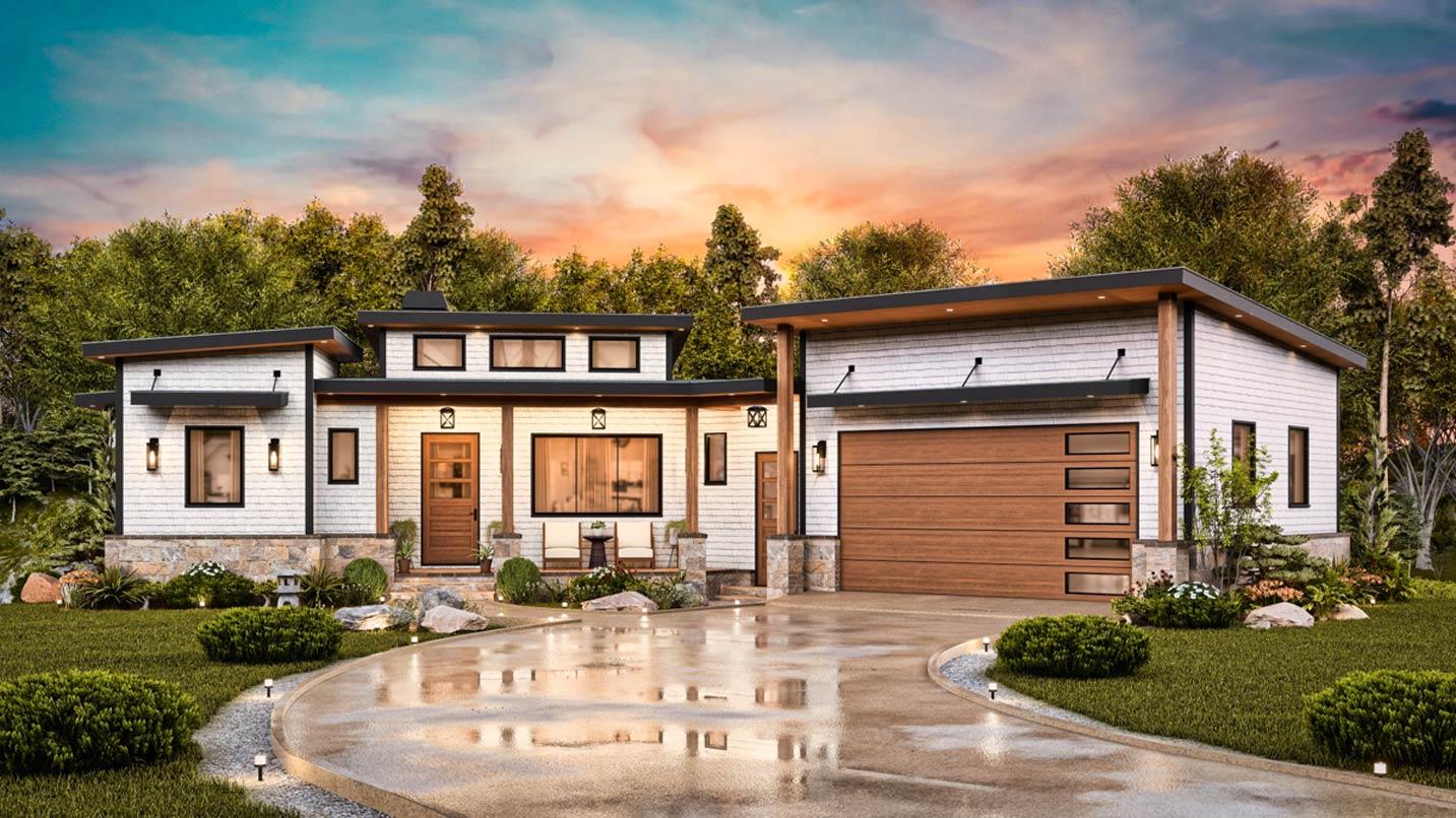 Modern house plan exterior with white siding, stone accents, a detached garage with wood door, and flat rooflines.