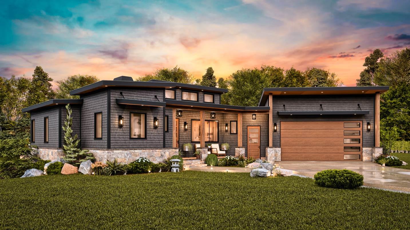 Modern single-story house plan exterior with L-shaped layout, covered entry, stone base, and wood-paneled garage.