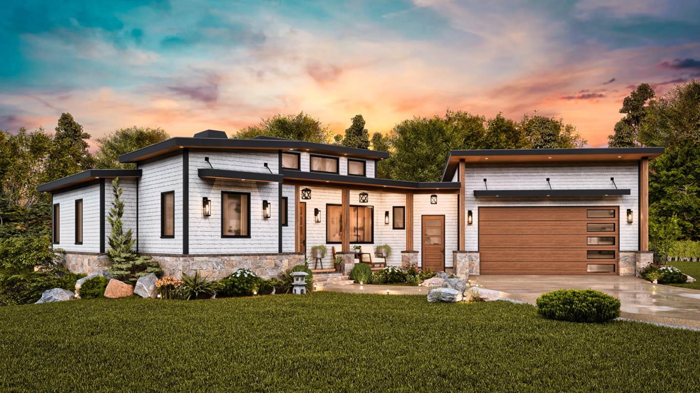 Modern house plan exterior with white siding, stone accents, a covered porch, and a wood-paneled garage door.