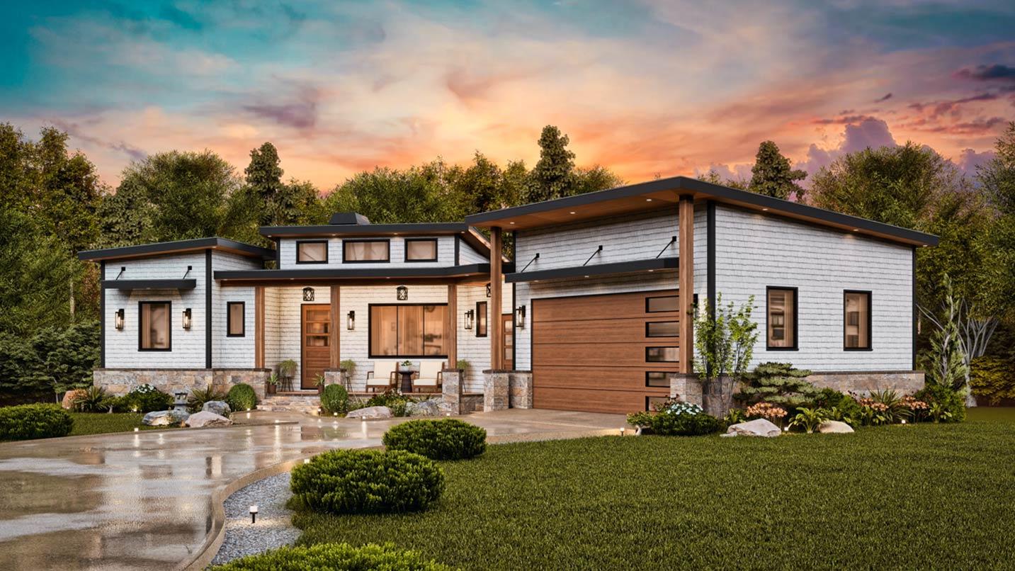 Modern house plan exterior with low-pitched roofs, wood garage door, stone and shingle siding, and covered entry.