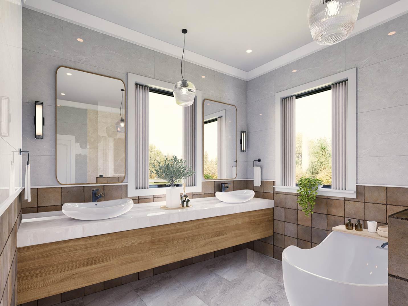 Bathroom with floating wood vanity, two vessel sinks, large mirrors, and freestanding tub.