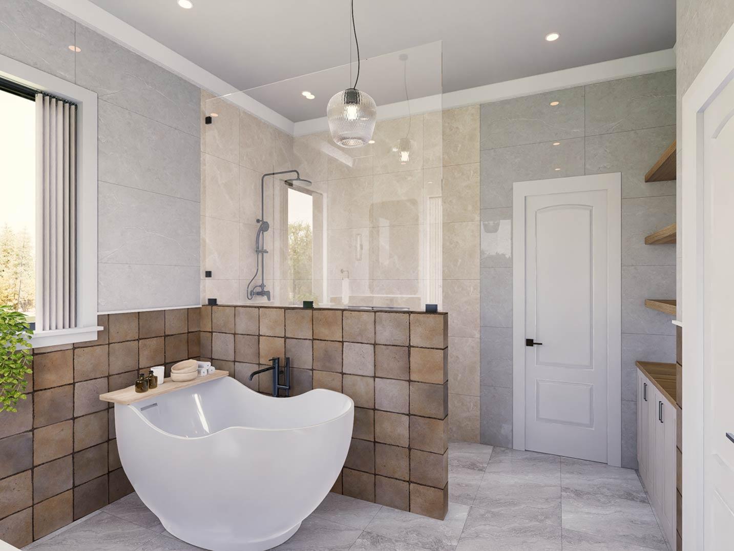 Bathroom with freestanding tub, glass-enclosed shower, and tiled walls.