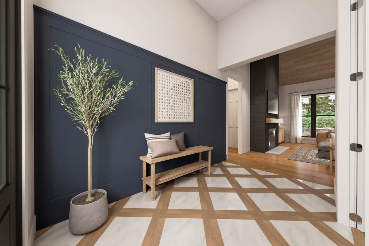 Entryway rendering with dark paneled wall, wood bench, and geometric floor pattern. View to living area with fireplace.