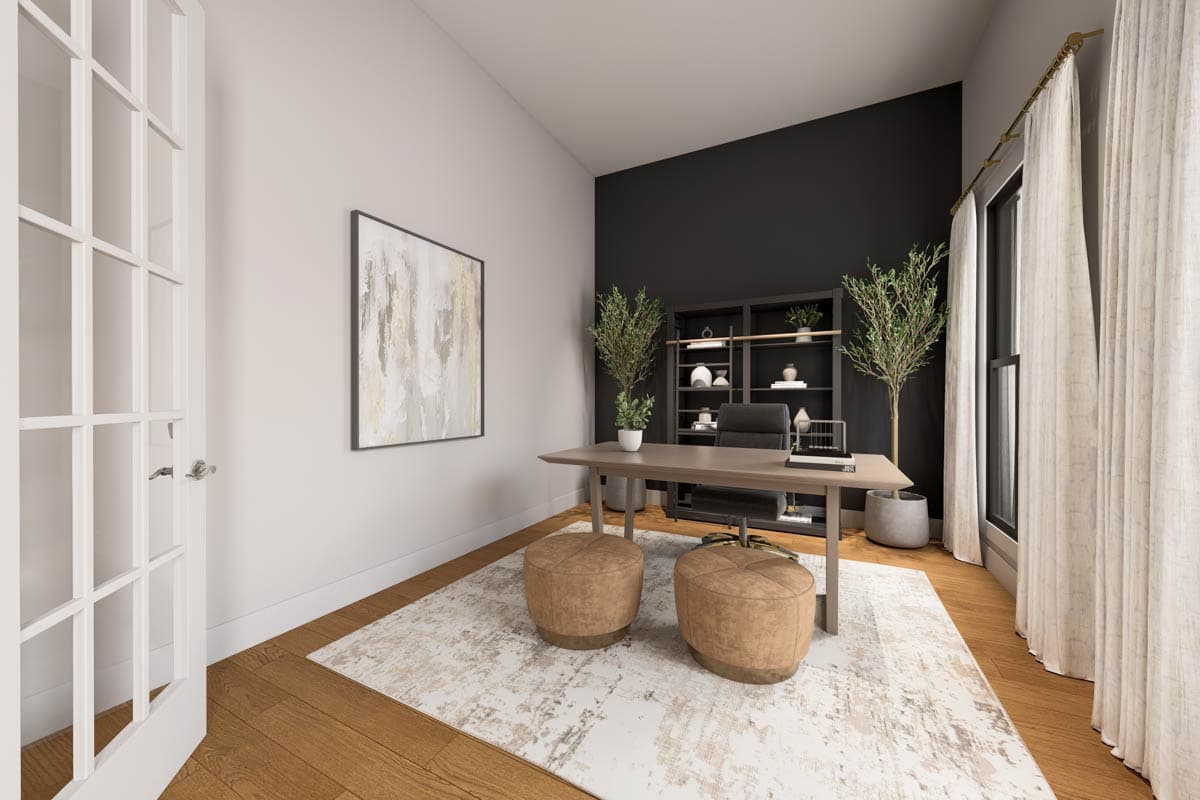 Office rendering featuring a desk, shelving unit, art, and French doors with a high contrast accent wall.
