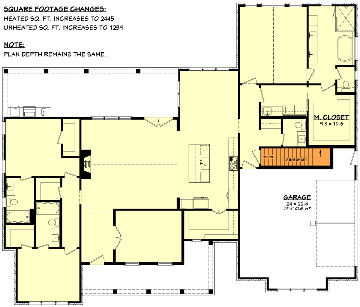 Plan 52036HZ: 3-Bed Modern Farmhouse Plan with Vaulted Master Bedroom and Great Room - Floor Plan - Main Level - Basement Stair Location - Country, Modern Farmhouse, New American, Ranch