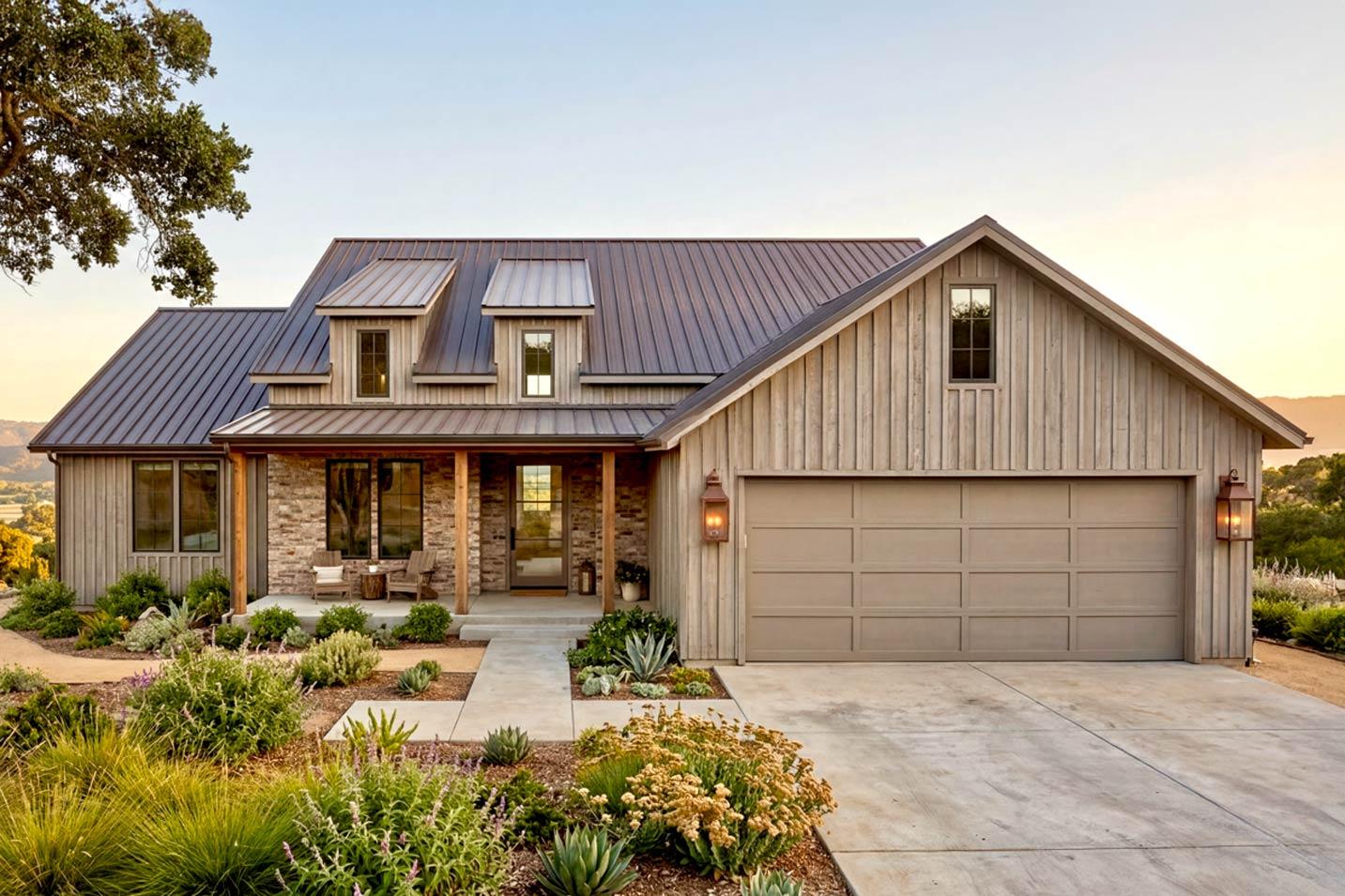 House plan exterior: Modern Farmhouse style, 1.5 stories, metal roof, front porch, gabled dormers, and attached garage.