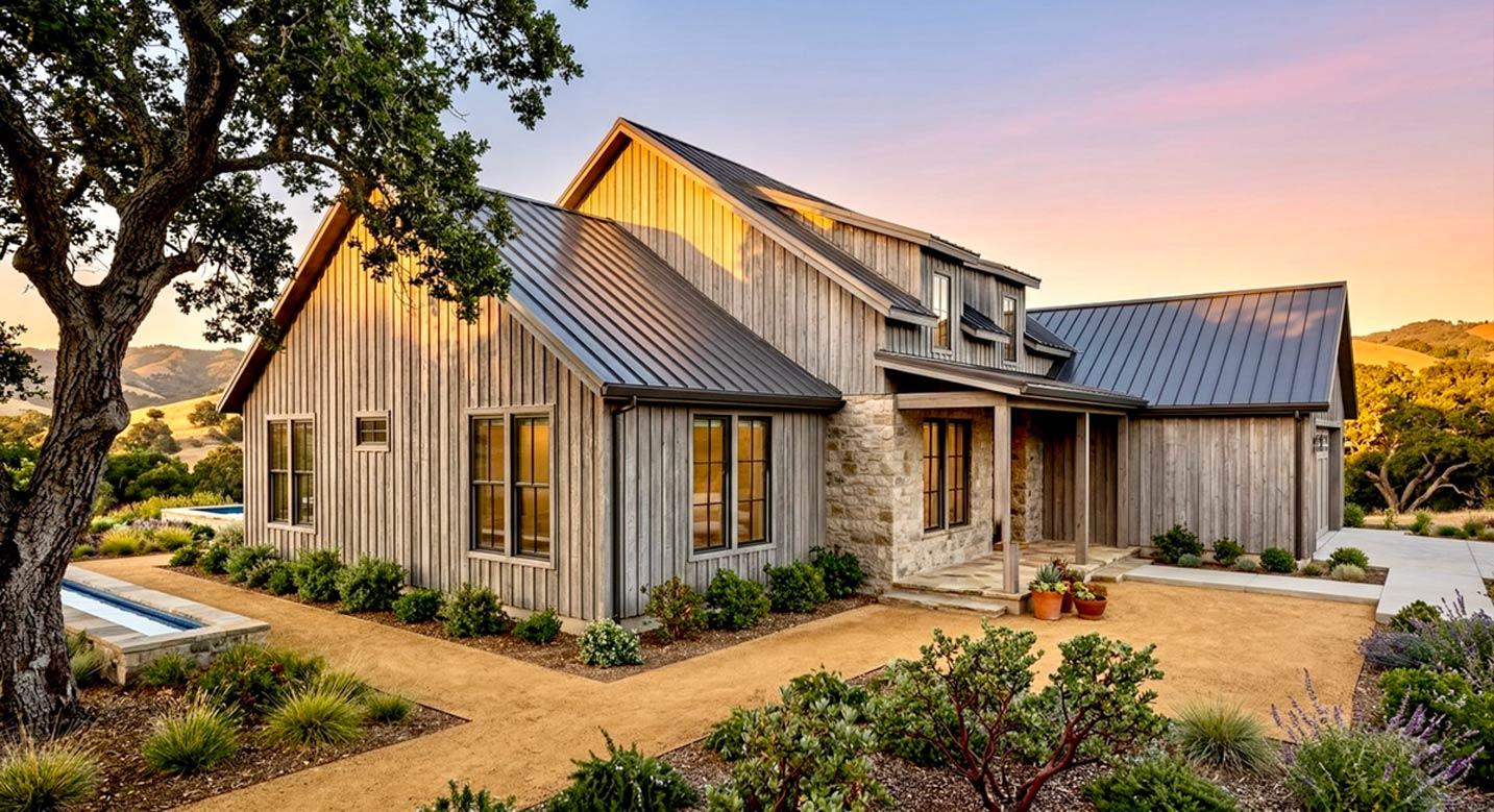 House plan exterior: Modern farmhouse with vertical wood siding, stone accents, metal roof, dormers, and covered porch.