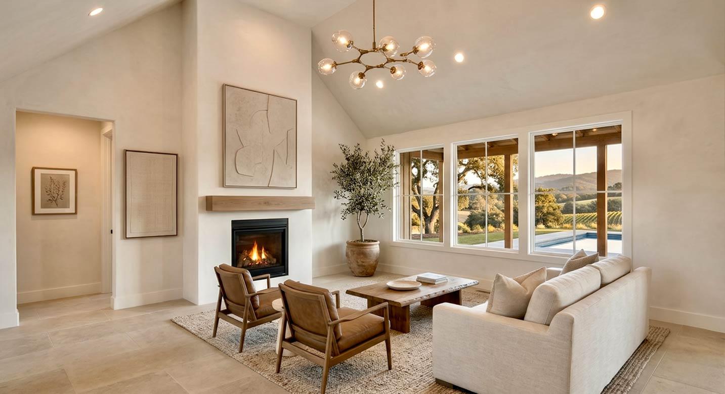 Living room with fireplace, vaulted ceiling, large windows with vineyard view, and seating area.