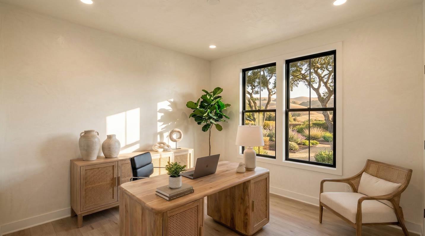 Interior view of home office with wooden desk, cane-front cabinet, and black-framed windows overlooking landscape.
